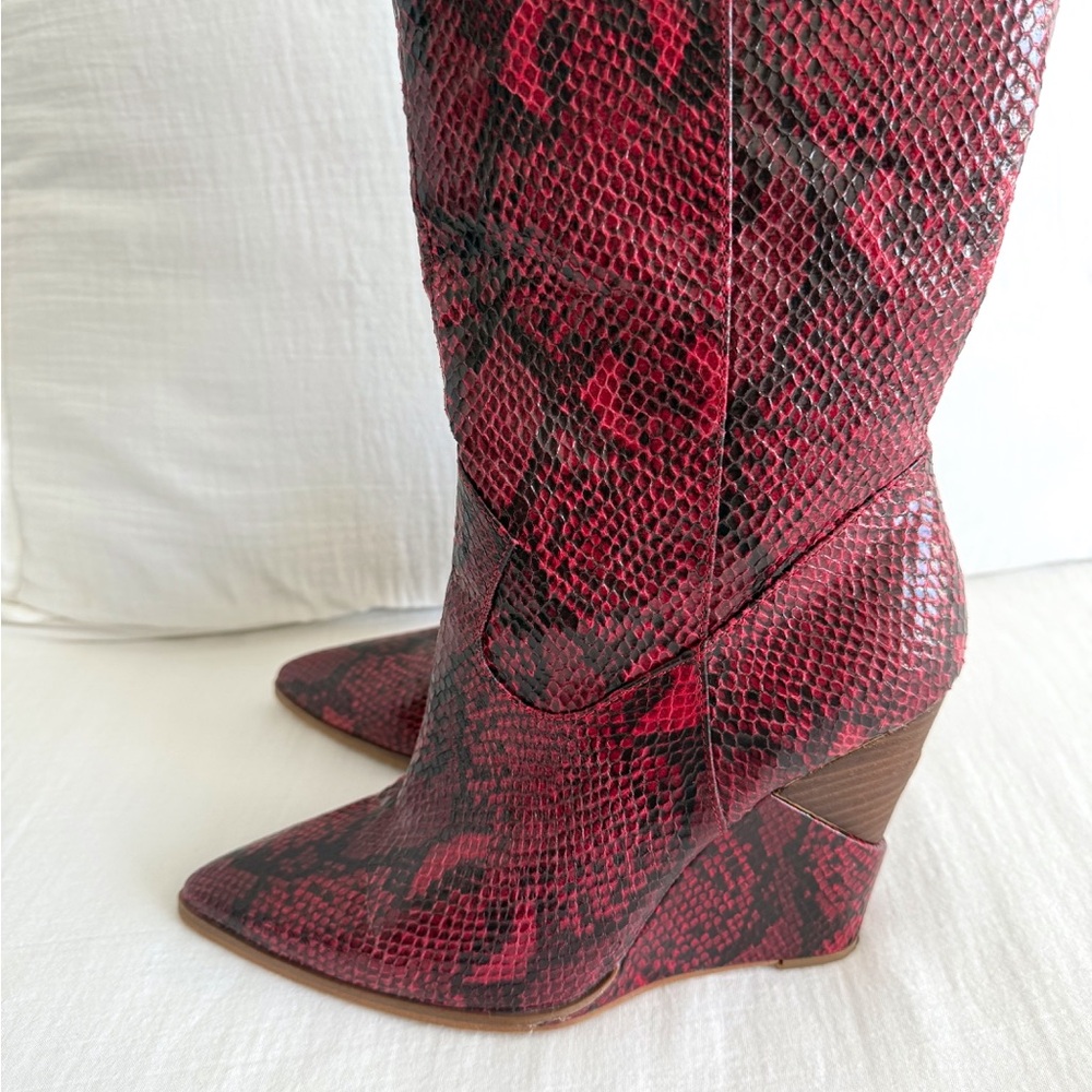 Jessica Simpson Red Snakeskin Knee High Wedge Boots - Picture 6 of 10